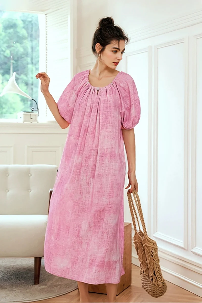Pink Loose Puff-Sleeve Tie-Dye Midi Dress - HBQMJX