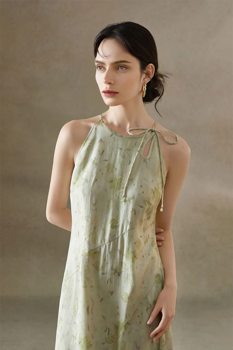 Sage Green Jacquard Halter Midi Dress with Shoulder Bow - HBQMJX