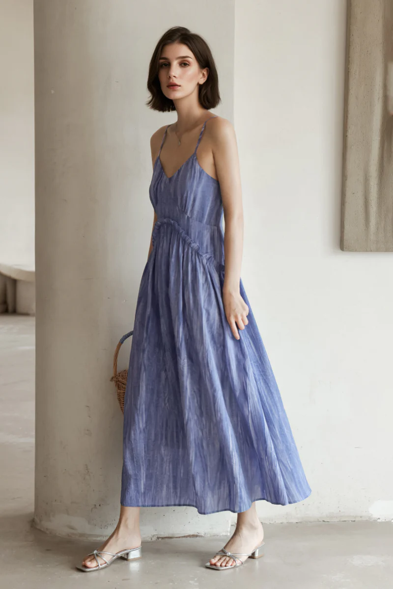 Blue Tie-Dye Spaghetti-Strap Midi Dress - HBQMJX