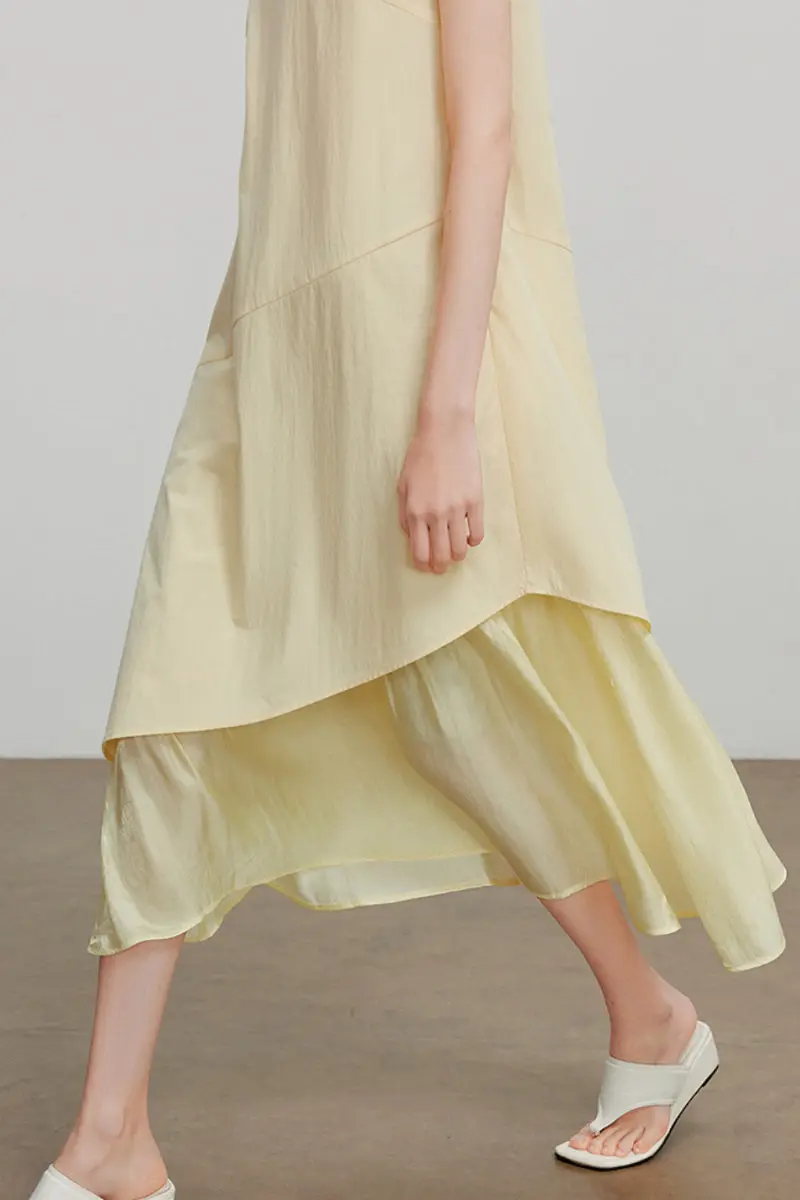 Yellow Flowy Asymmetrical Sleeveless Trapeze Midi Dress - HBQMJX