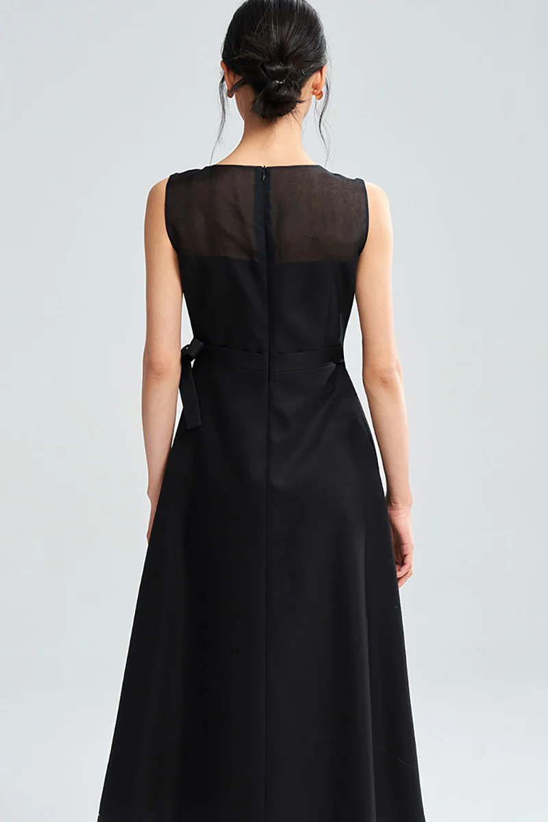 Black Sleeveless A-Line Organza Midi Dress with Bow - HBQMJX