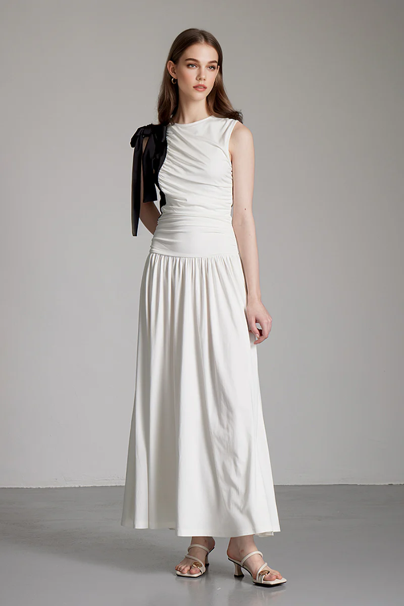 Sleeveless One-Shoulder-Tie Ruched Maxi Dress - HBQMJX