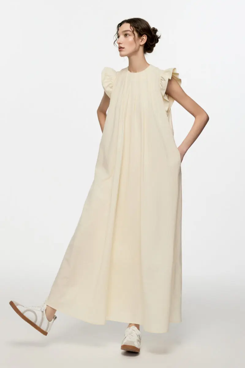 White Ruffle Cap-Sleeve Trapeze Maxi Dress - HBQMJX
