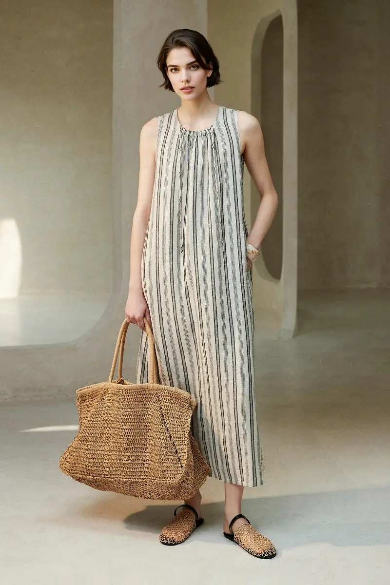 100 French Linen Striped Sleeveless Maxi Dress - HBQMJX