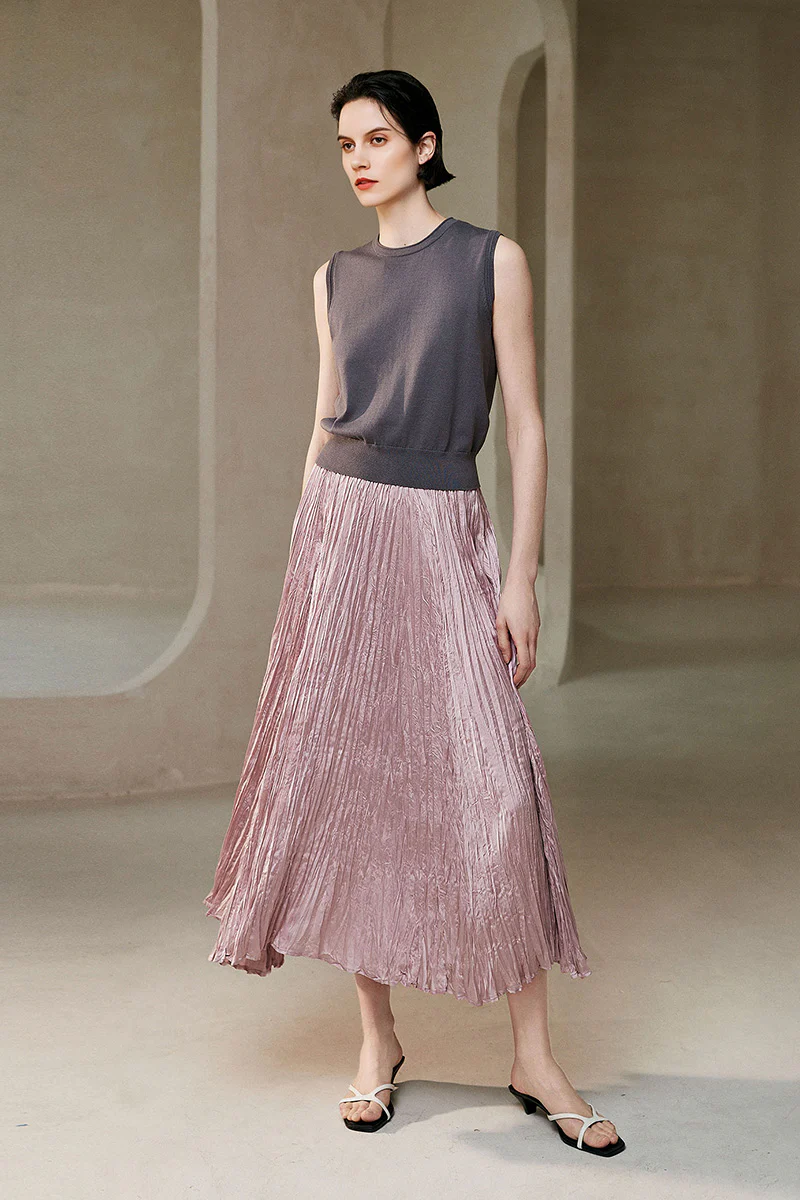 Flowy Crinkled A-line Midi Dress in Pink - HBQMJX