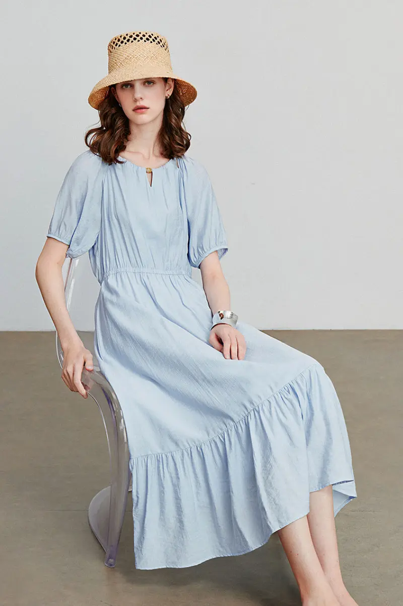 Baby Blue Textured Vacation Midi Dress with Beaded Neckline - HBQMJX