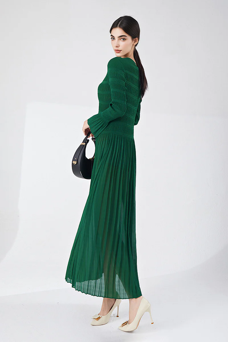 Designer Inspired Pleated Long Sleeve Smocked Maxi Dress in Emerald Green - HBQMJX
