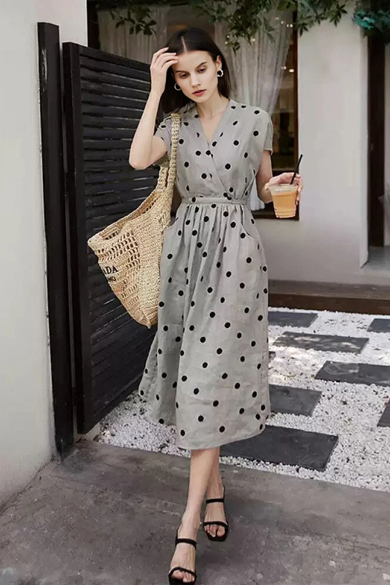100% Ramie Polka Dot V-Neck Midi Dress - HBQMJX