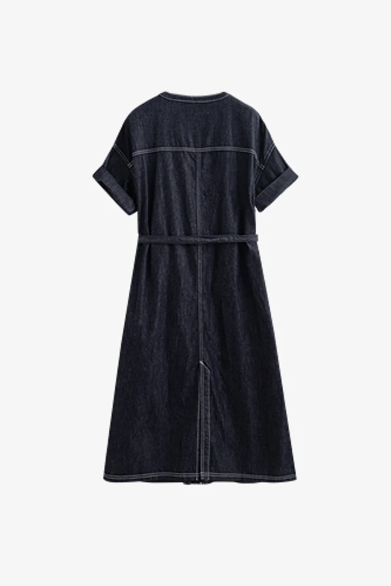 Denim Short-Sleeve Button-Up Belted Midi Shirt Dress with Back Slit - HBQMJX