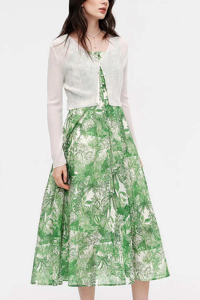 Green Floral Square-Neck Sleeveless Midi Dress - HBQMJX