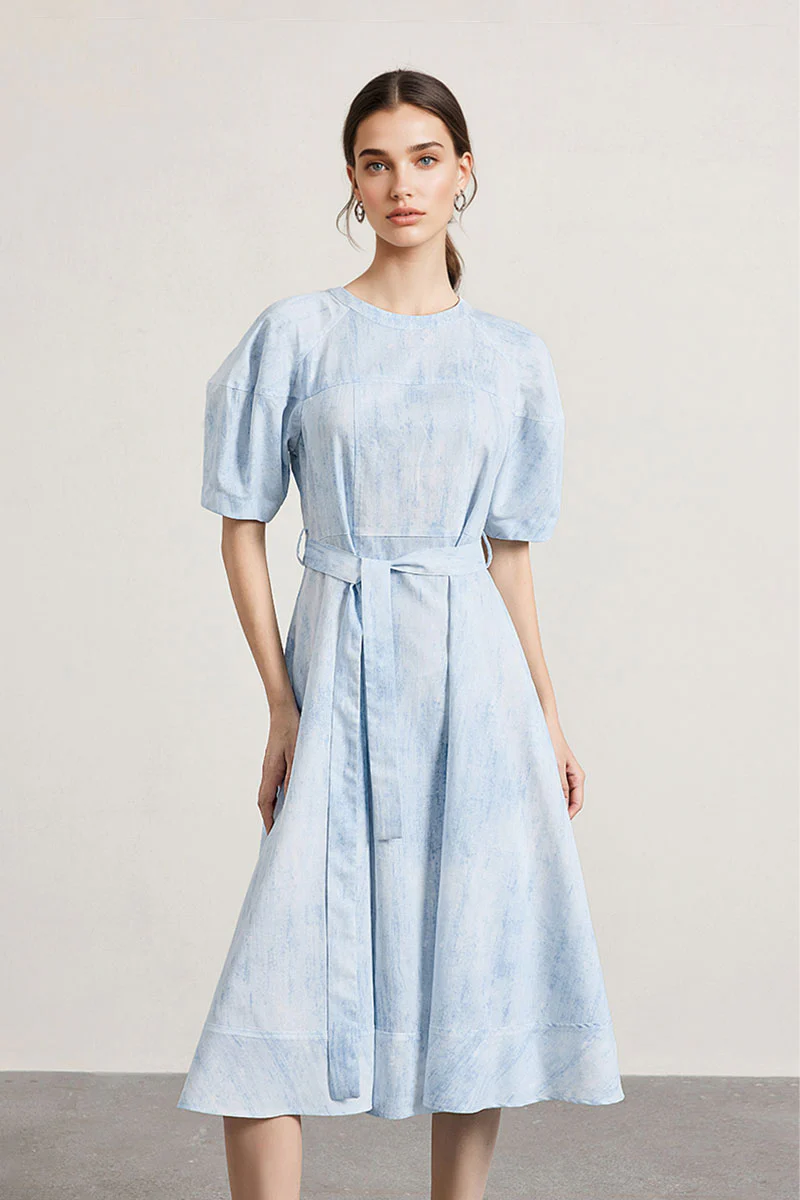 Blue Puff-Sleeve Flare Midi Dress with Belt - HBQMJX