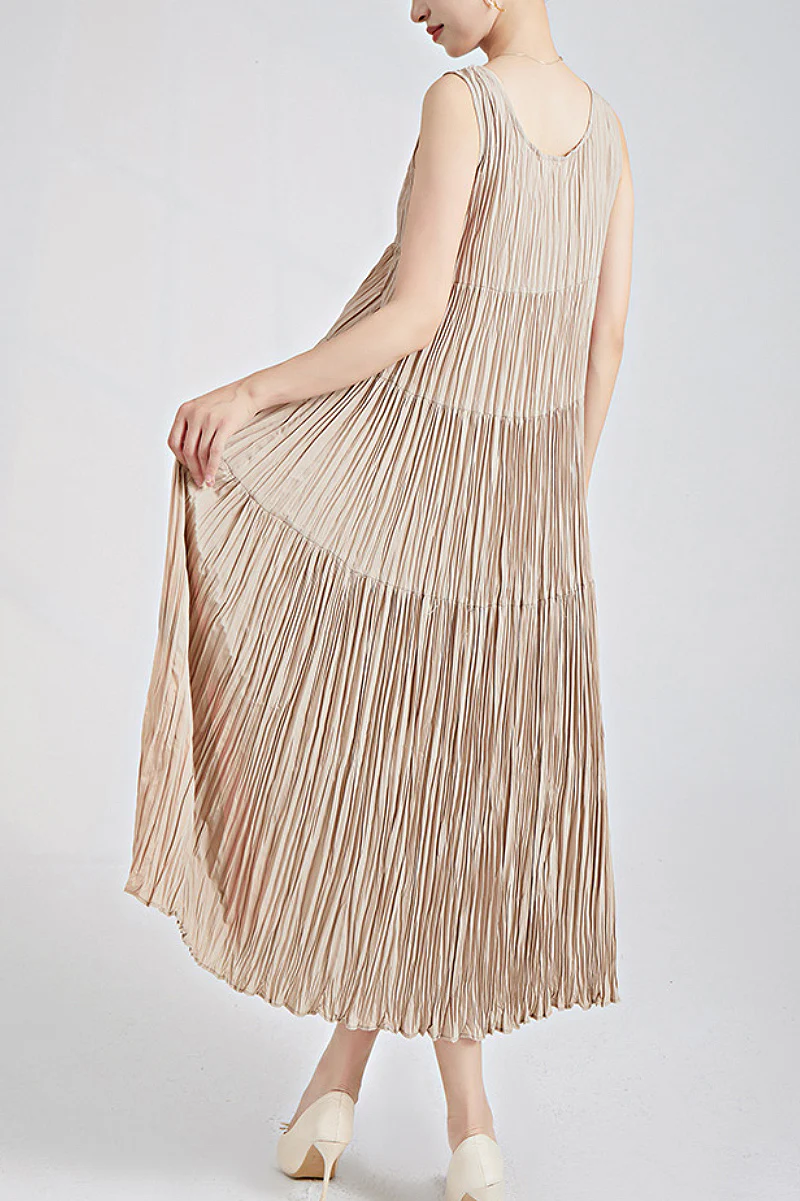 Designer Inspired Pleated Sleeveless Midi Dress - HBQMJX