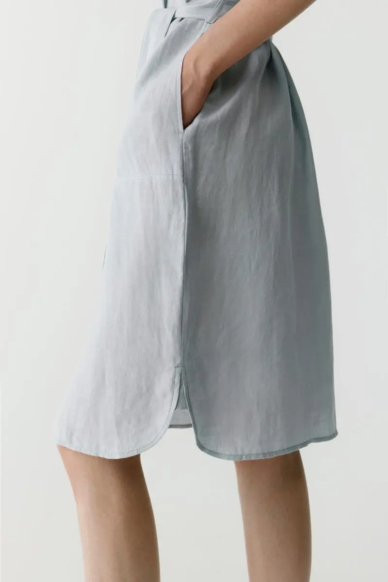 100% Linen Midi Shirt Dress With Belt - HBQMJX