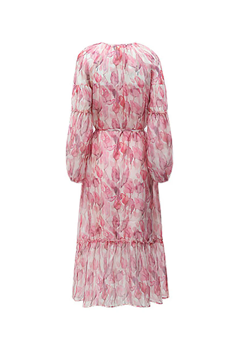 Boho Flower Balloon-Sleeve V-Neck Chiffon Maxi Dress with Underdress - HBQMJX