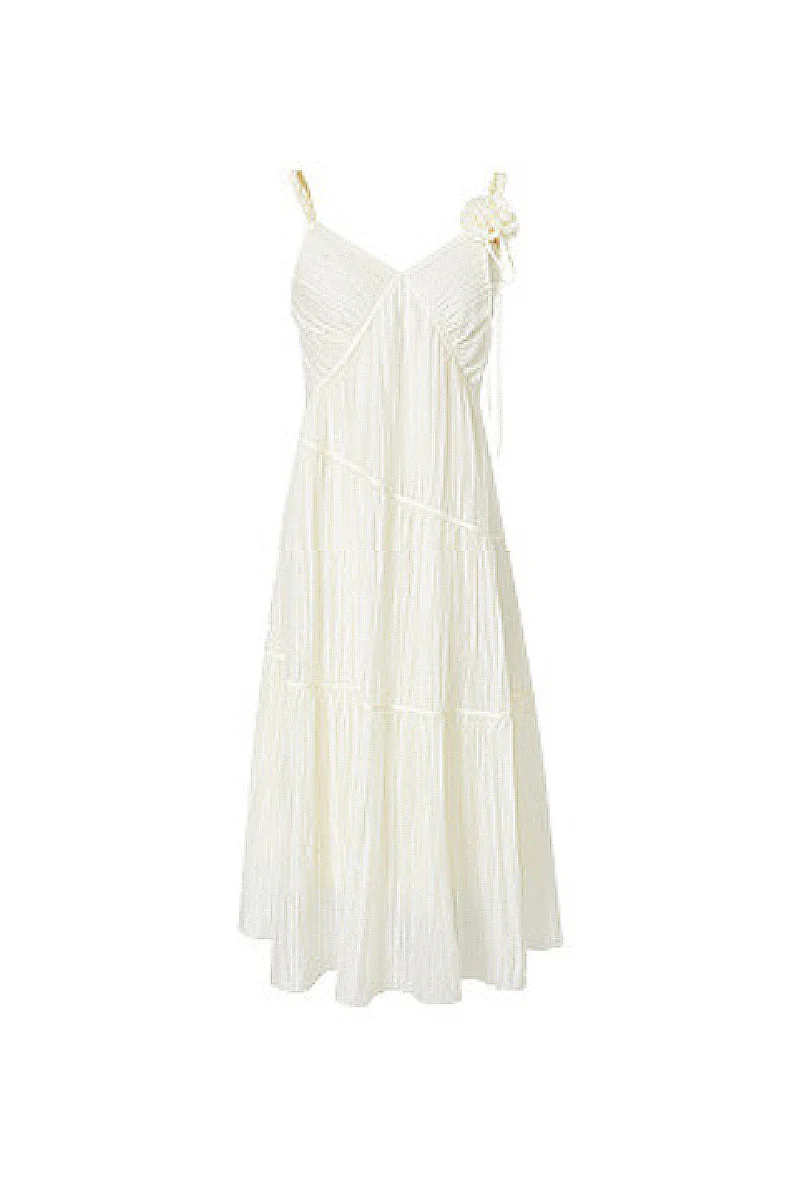 White V-Neck Spaghetti-Strap Textured Midi Dress - HBQMJX