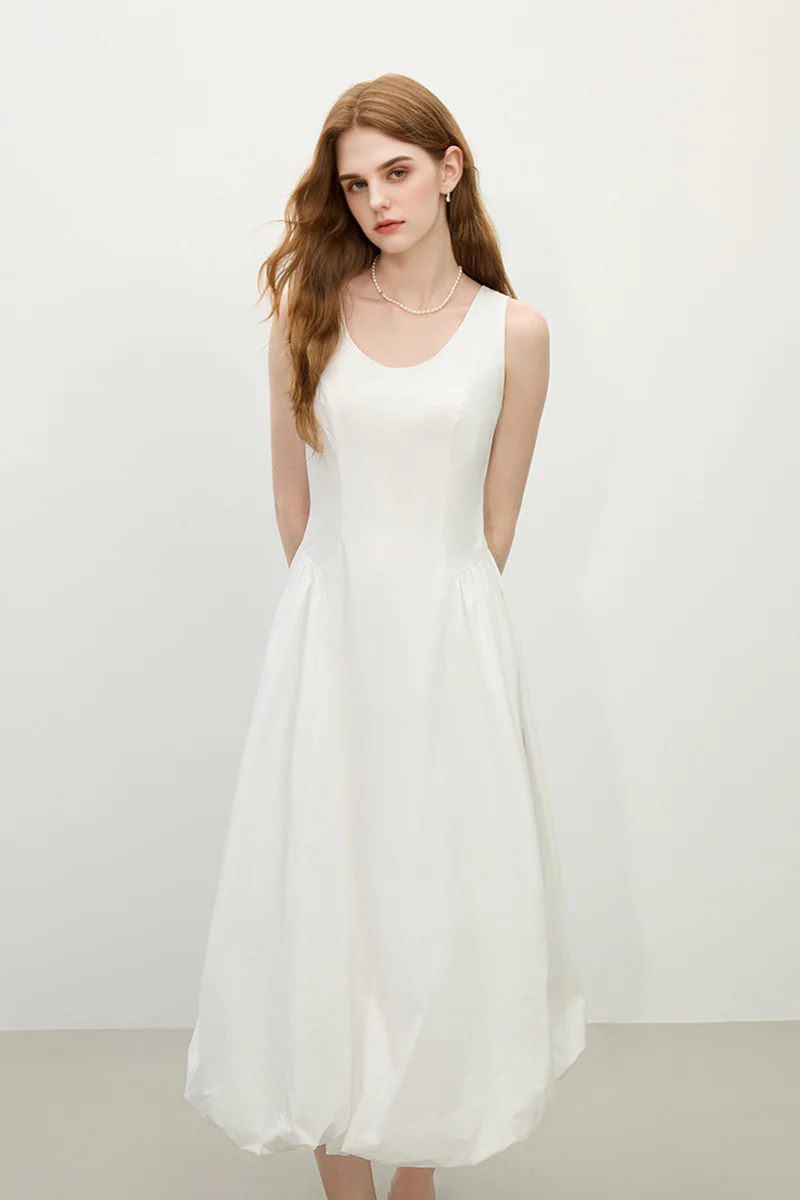 White 100 Cotton Sleeveless Scoop-Neck Bubble Midi Dress - HBQMJX
