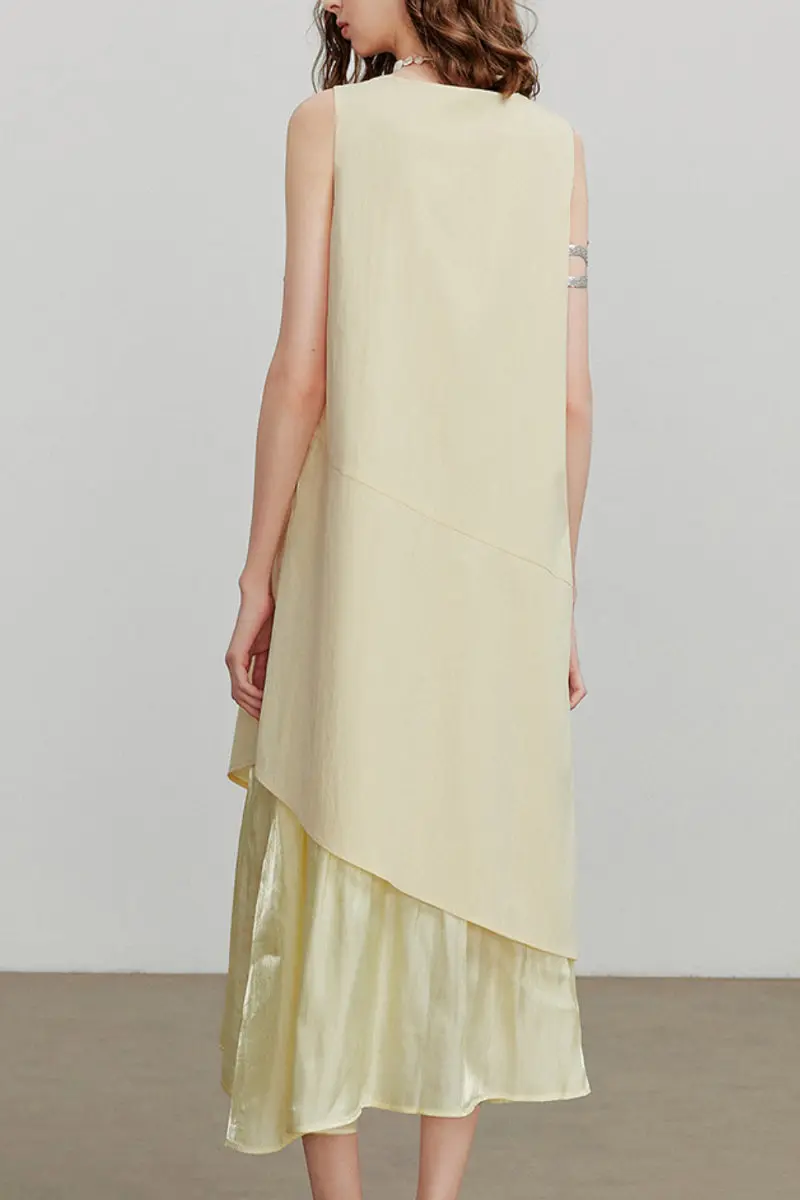 Yellow Flowy Asymmetrical Sleeveless Trapeze Midi Dress - HBQMJX