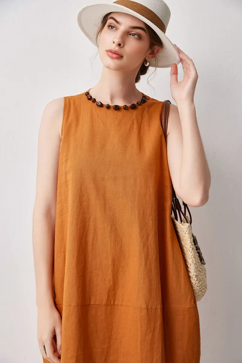 100 Linen Sleeveless Midi Dress With Back Slit - HBQMJX