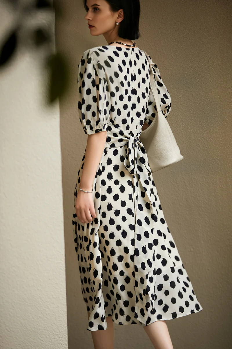 100% Silk Polka Dot Crepe A-Line Midi Dress - HBQMJX