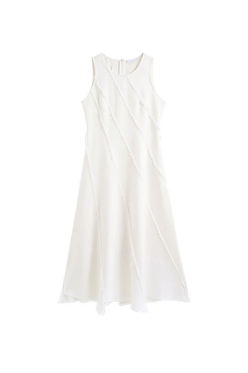 White A-Line Sleeveless Midi Dress with Raw Seams - HBQMJX