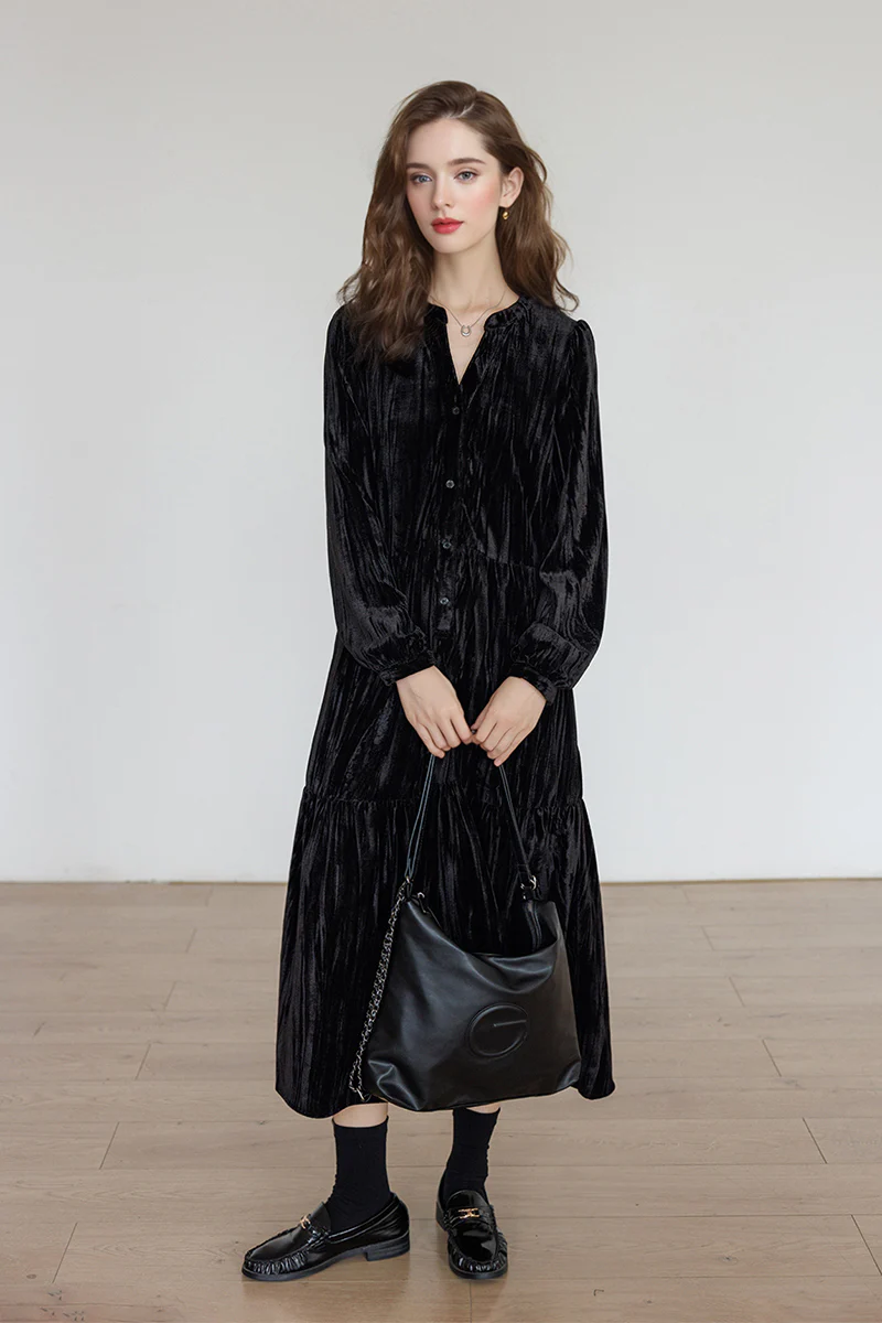 Tiered Long-Sleeve Button-Down A-Line Velvet Midi Dress - HBQMJX