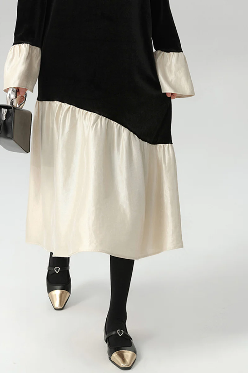 Asymmetric Patchwork Long-Sleeve Velvet Dress - HBQMJX