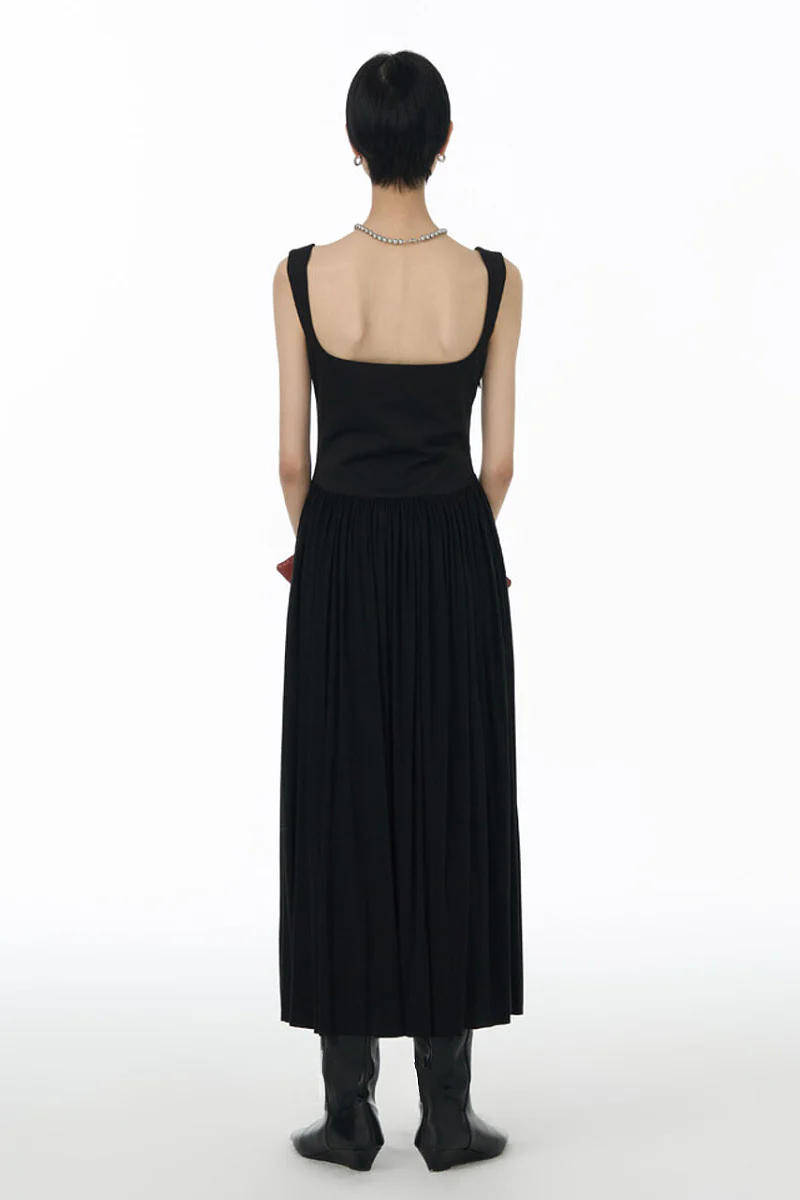 Black Sleeveless Pleated Square-Neck Tank Midi Dress - HBQMJX