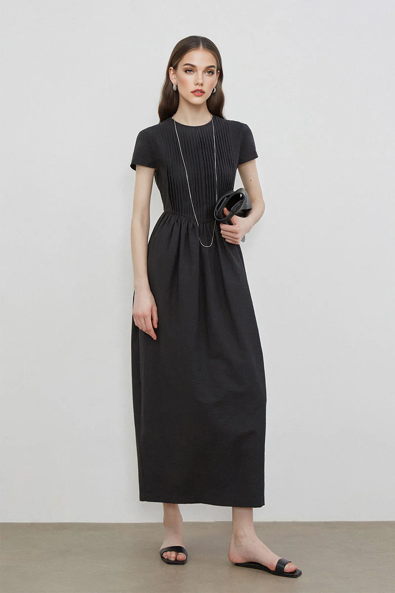 Black Long-Staple Cotton Midi Dress with Front Pleat - HBQMJX