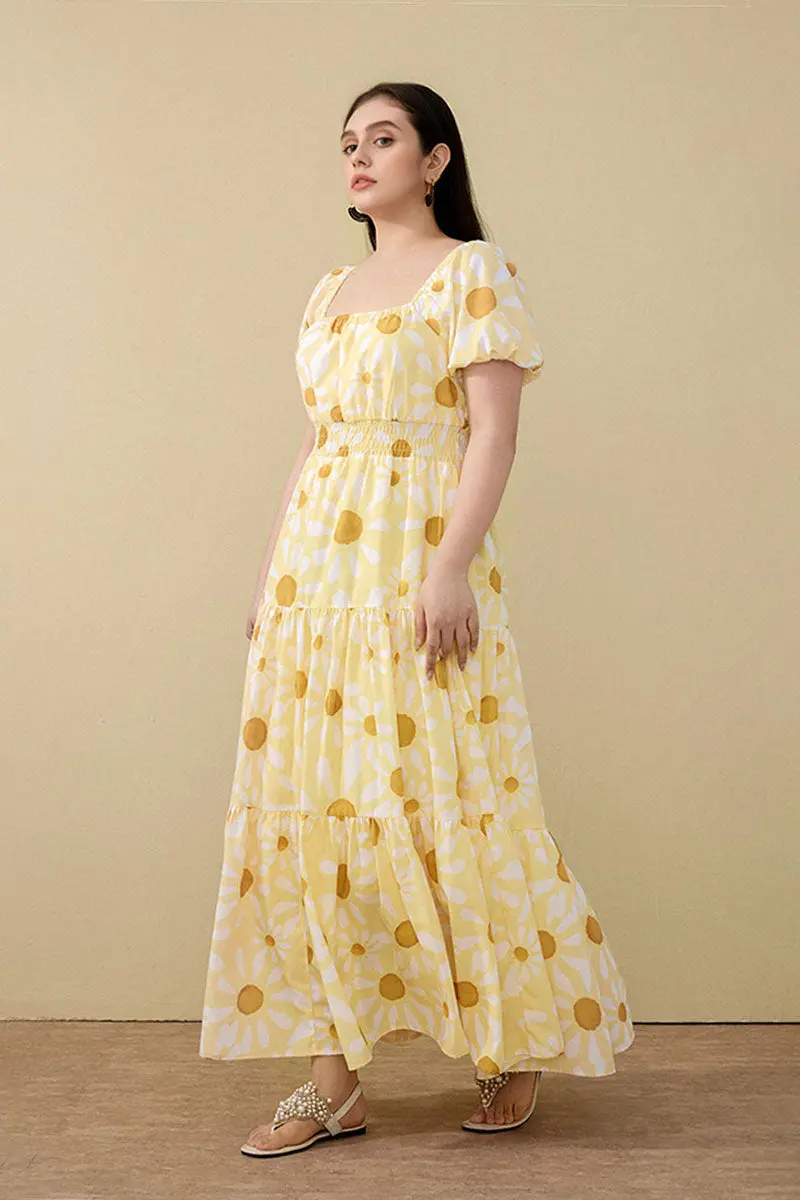 Yellow Floral Tiered Smocked Maxi Dress - HBQMJX