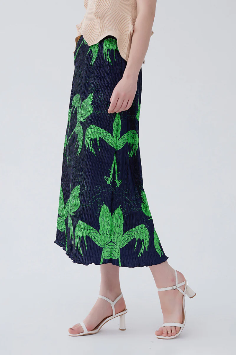 Designer Inspired Pleated Leaf Print Straight Midi Skirt - HBQMJX