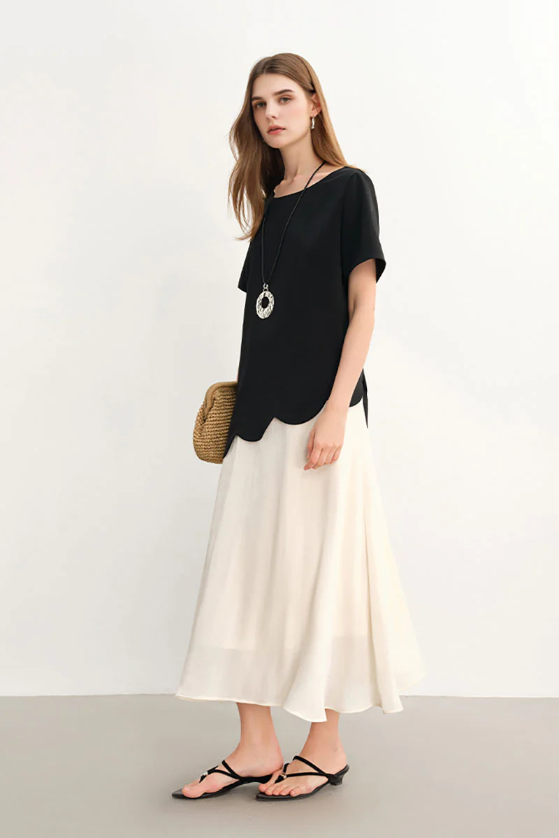 Black & White Short-Sleeve Mixed Media Midi Dress - HBQMJX