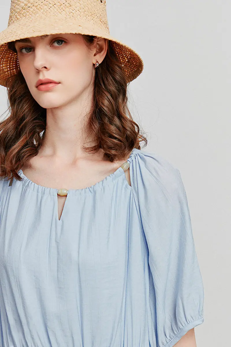 Baby Blue Textured Vacation Midi Dress with Beaded Neckline - HBQMJX