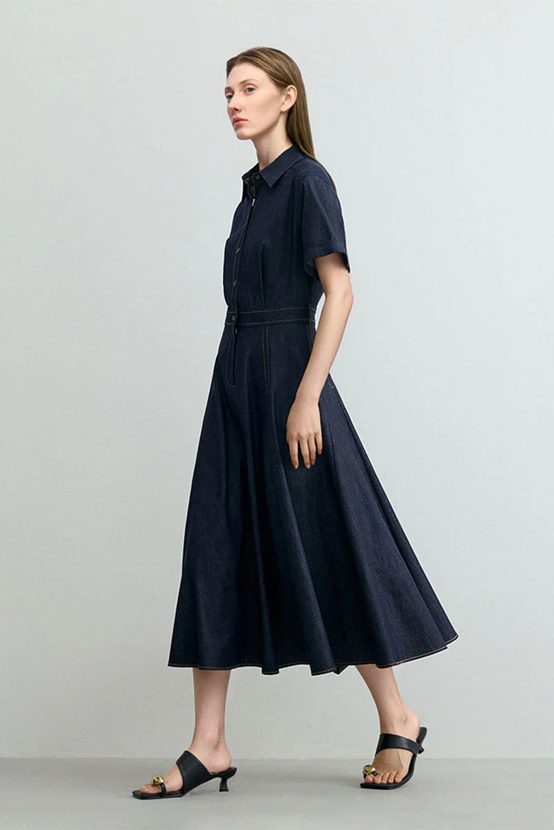 Tencel Denim Short-Sleeve Button-Up Midi Shirt Dress - HBQMJX