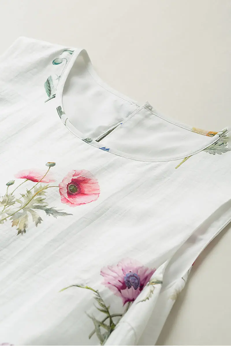 White Floral Linen Sleeveless Fit & Flare Midi Dress - HBQMJX