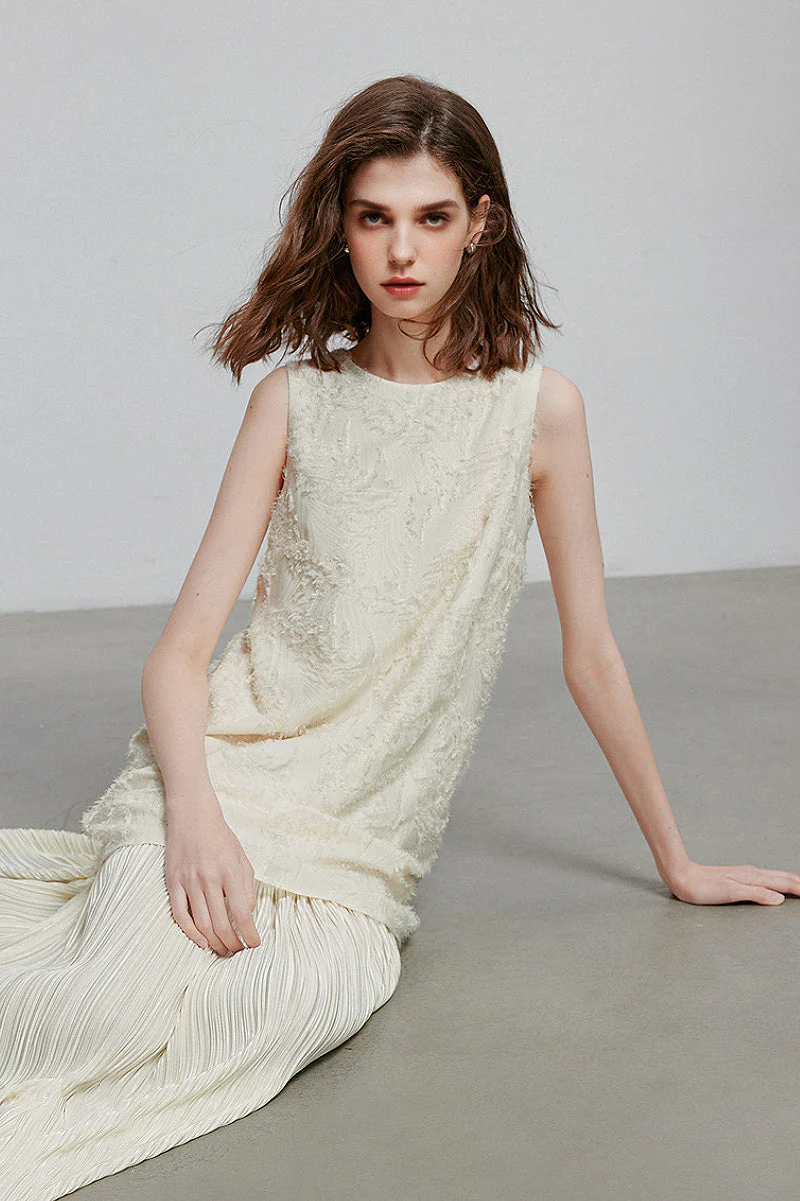 White Pleated Frayed Jacquard Mixed-Media Midi Dress - HBQMJX