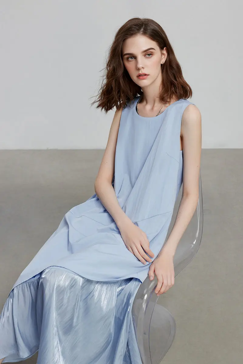 Blue Flowy Asymmetrical Sleeveless Trapeze Midi Dress - HBQMJX