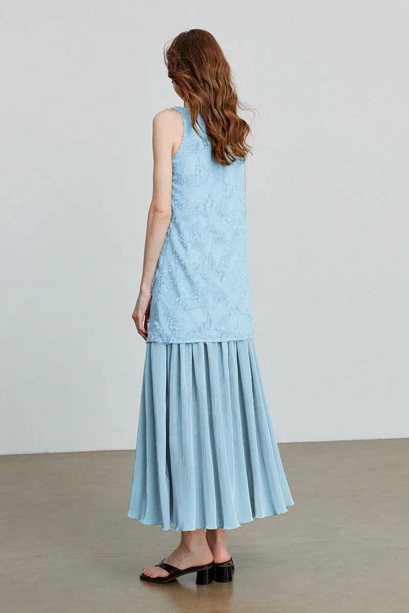 Blue Frayed Jacquard Pleated Mixed-Media Midi Dress - HBQMJX