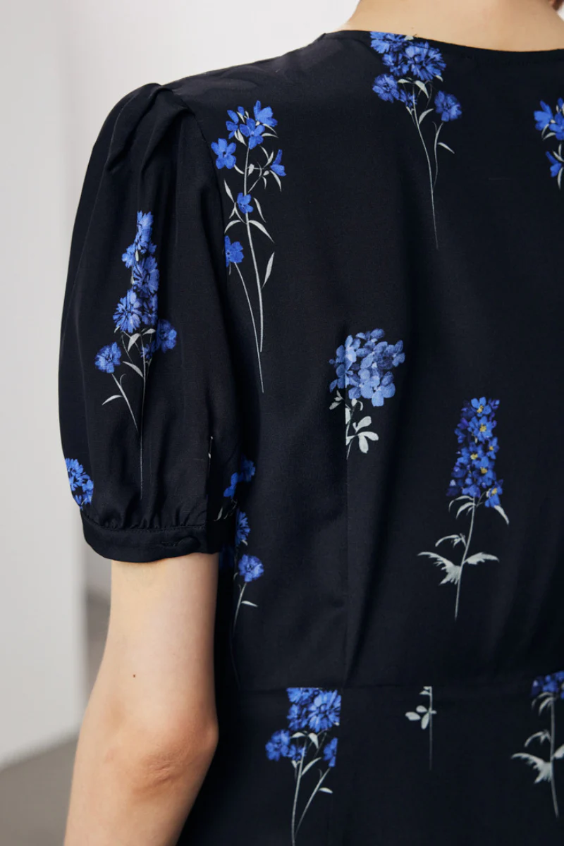 100 Mulberry Silk Floral Puff-Sleeve V-Neck Wrap Midi Dress - HBQMJX