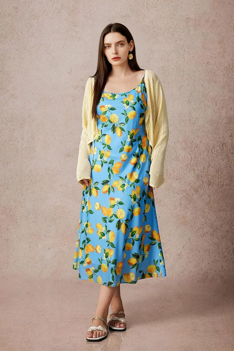 Blue Lemon Print Midi Slip Dress - HBQMJX