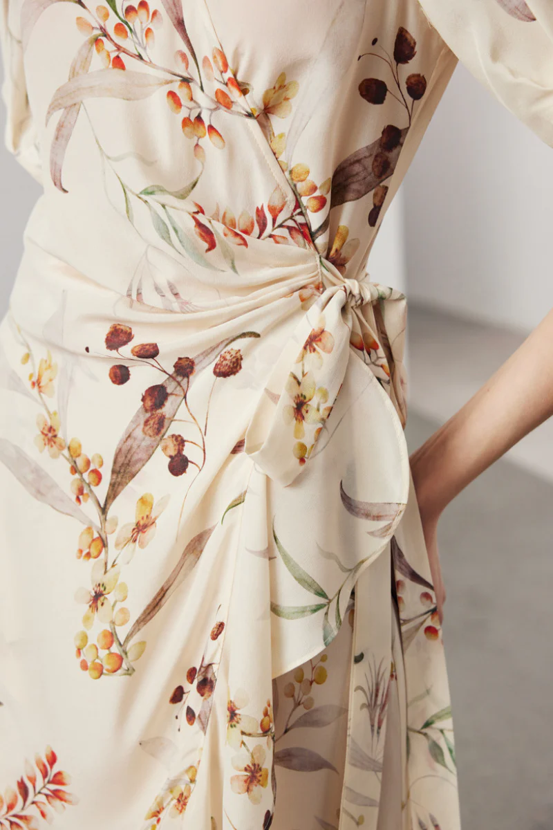 100 Mulberry Silk Floral Puff-Sleeve V-Neck Ruffle Wrap Midi Dress - HBQMJX