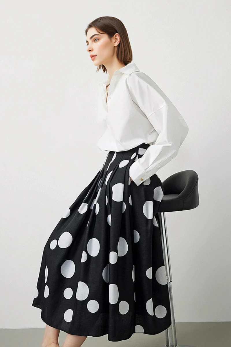 Black Pleated Polka Dot A-Line Midi Skirt with Pockets - HBQMJX