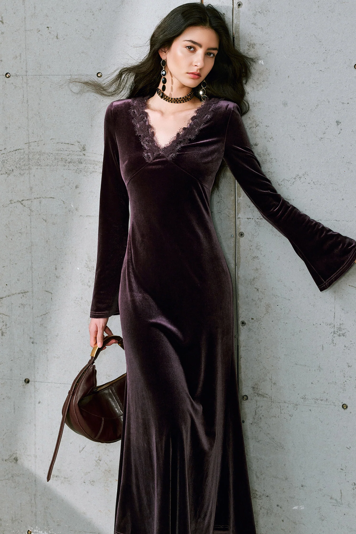Purple Velvet Long Sleeve Lace V-Neck Maxi Dress - HBQMJX