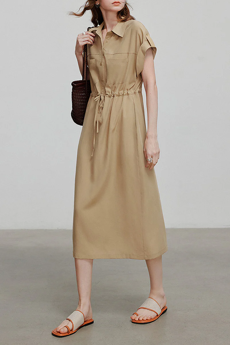 Khaki Cap-Sleeve Shirt Midi Dress With Belt - HBQMJX