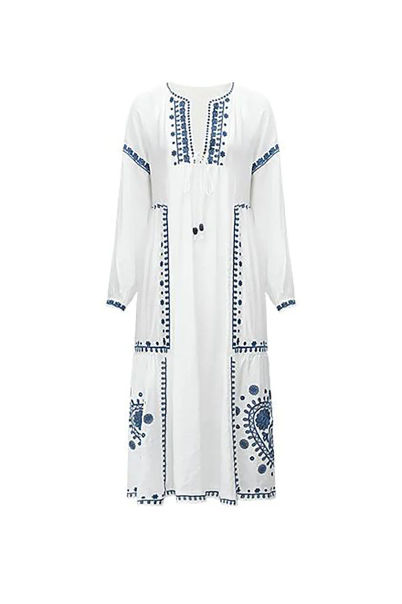Boho Embroidered Long-Sleeve Split-Neck Maxi Dress - HBQMJX