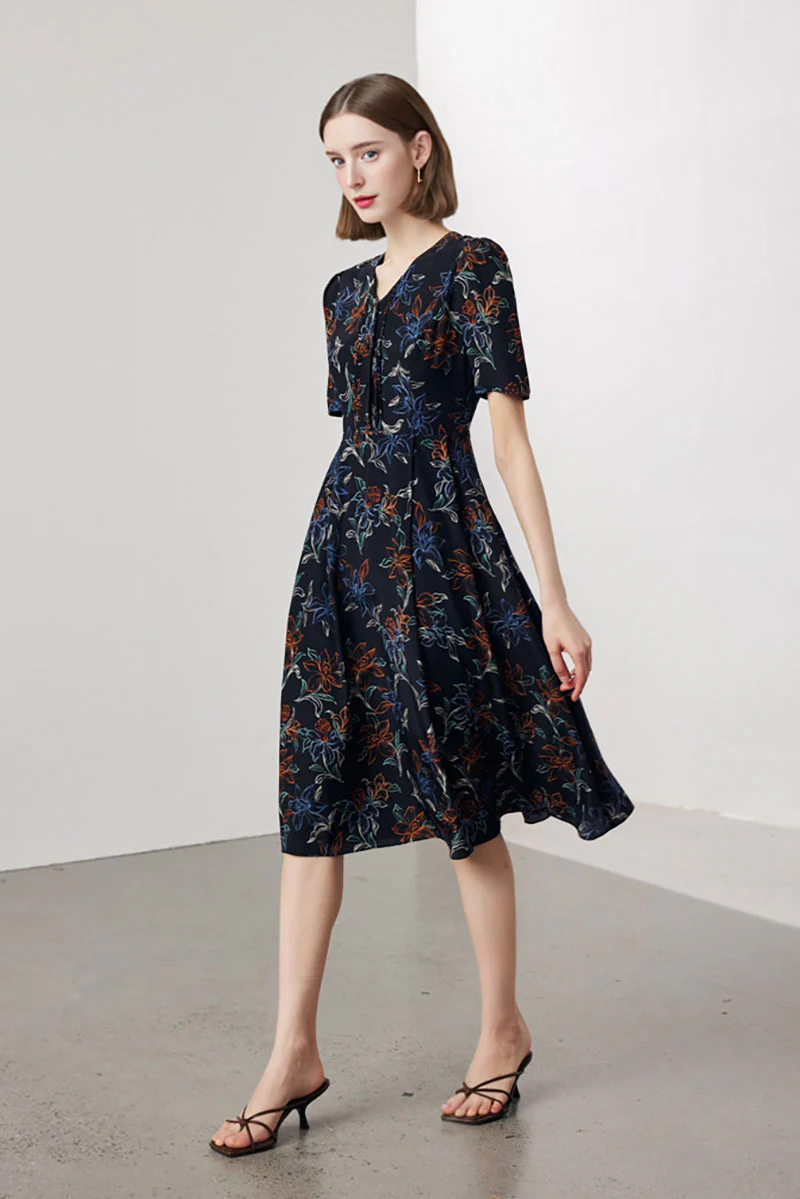 100 Mulberry Silk Floral A-Line Short-Sleeve V-Neck Midi Dress - HBQMJX