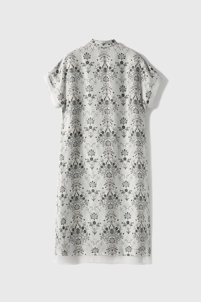 Qipao-Inspired Floral Midi Dress in Linen-Silk Blend - HBQMJX
