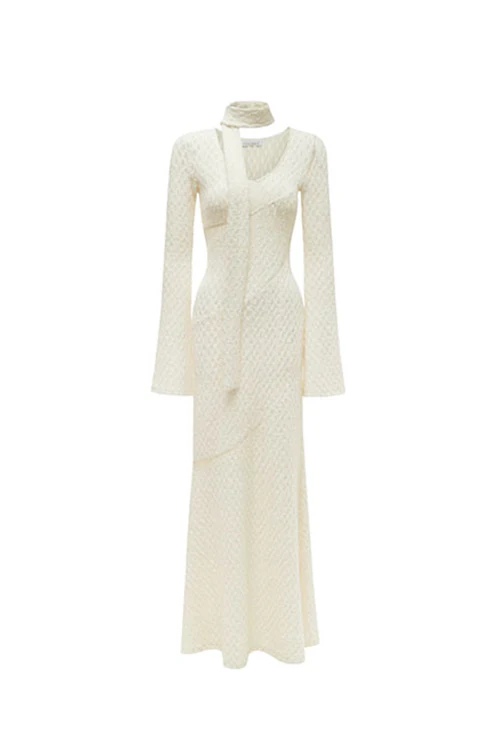 White Crochet Cut Out Long Sleeve Maxi Dress - HBQMJX