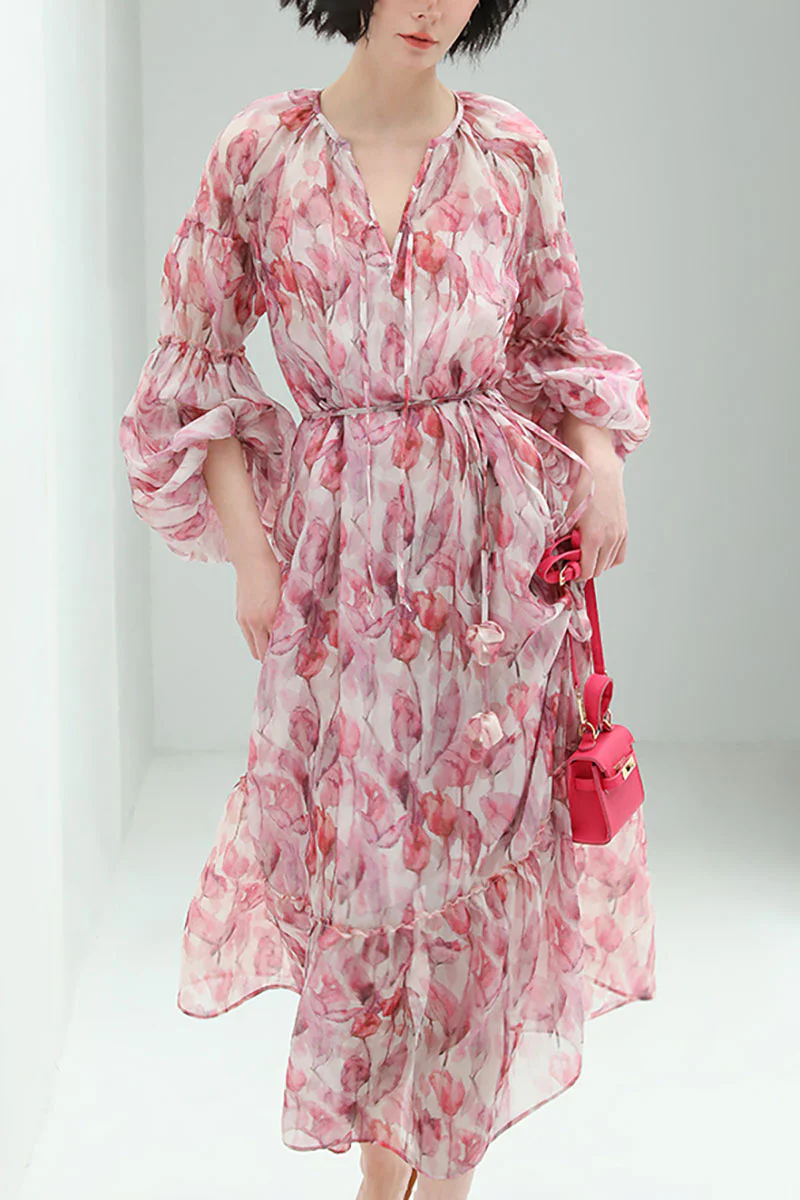 Boho Flower Balloon-Sleeve V-Neck Chiffon Maxi Dress with Underdress - HBQMJX