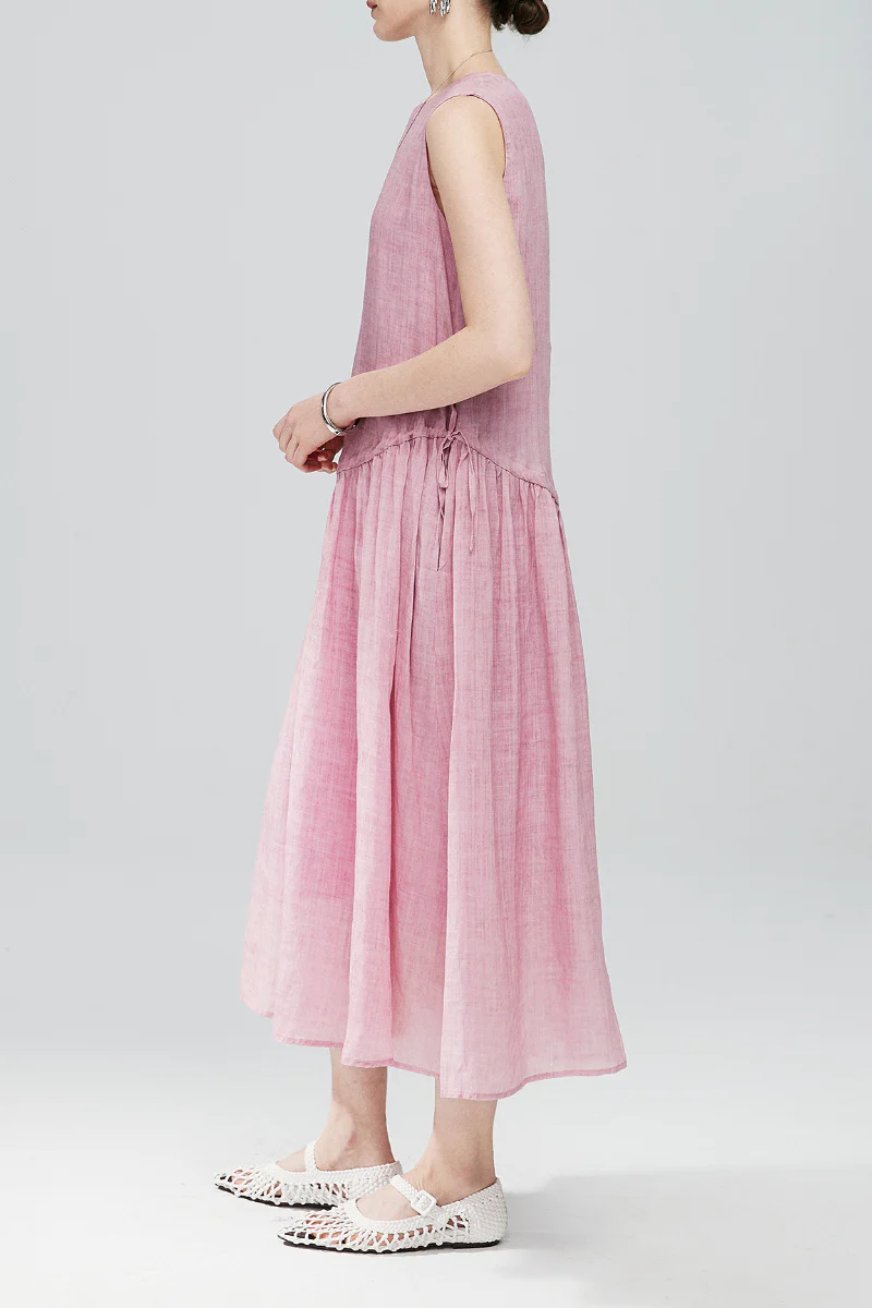Pink Cotton-Linen Tiered Swing Beach Tank Midi Dress - HBQMJX