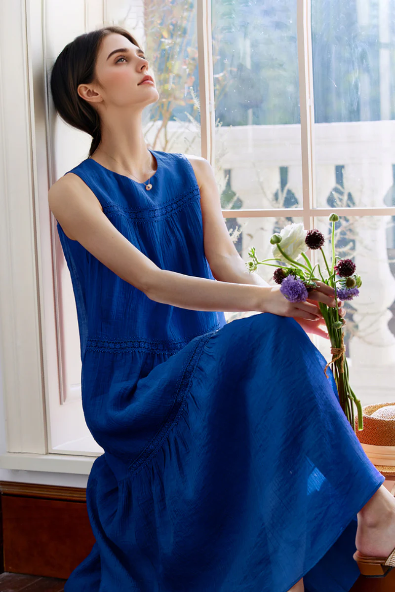 Blue Tiered Sleeveless Tank Midi Dress with Embroidered Detail - HBQMJX